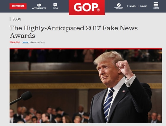 미국 공화당 홈페이지를 통해 발표된 '가짜뉴스상'(Fake News Awards) 수상자 명단.