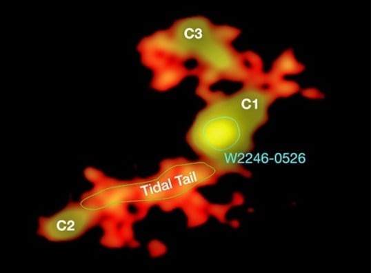 우주에서 가장 밝은 은하인 'W2246-0526'을 향해 뻗어나간 주위 은하 C1, C2, C3의 물질(조석꼬리)을 관찰한 모습.© News1