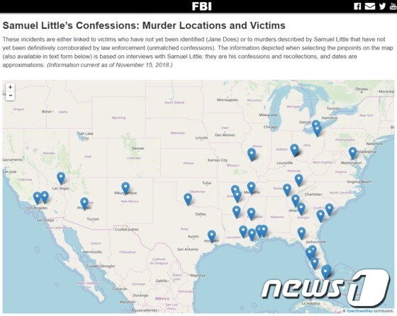 연쇄살인범 사무엘 리틀이 자백한 내용을 토대로 만든 희생자 지도. (출처=미연방수사국 홈페이지 갈무리) © News1