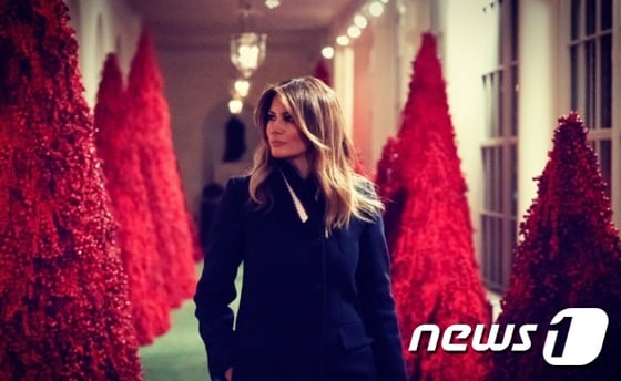 26일(현지시간) 도널드 트럼프 미국 대통령의 아내 멜라니아 여사가 백악관을 장식한 붉은색 크리스마스트리 사이를 걷고 있다. © News1
