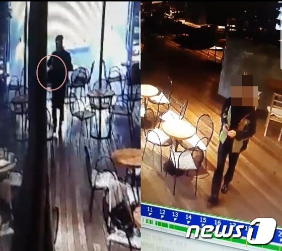 부산의 한 카페에서 40대 남성이 잠깐 자리를 비운 옆 테이블 손님의 가방과 지갑을 훔친 뒤 도망가는 모습이 찍힌 폐쇄회로(CC)TV 장면. © News1