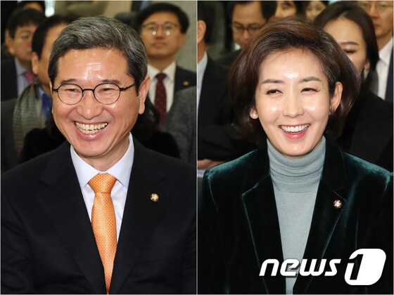 자유한국당 원내대표 후보인 김학용 의원(왼쪽)과 나경원 의원© News1 임세영 기자