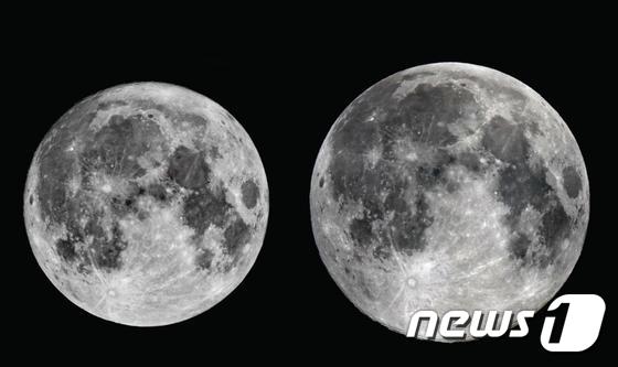 2017년 1년 중 가장 큰 달(2017년12월4일)과 작은 달(2017년6월9일) 비교 사진. 큰 달이 작은 달 보다 14% 더 크다. (한국천문연구원 제공)© News1