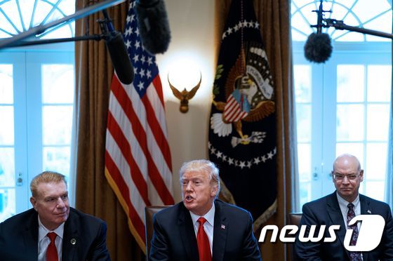 도널드 트럼프 미국 대통령이 지난 1일 백악관에서 철강 및 알루미늄업계 CEO들과의 간담회에서 수입산 철강과 알루미늄에 관세를 부과하기로 했다고 밝히고 있다.  © AFP=뉴스1 © News1 