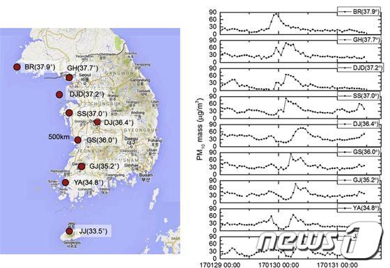 2017년 중국 춘절기간 동안 한반도 측정소별 미세먼지(PM10) 농도변화.© News1