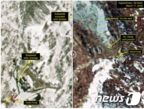 미 존스홉킨스대 산하 매체 38노스는 17일 촬영한 위성 이미지를 통해 북한이 풍계리 핵실험장 인근 갱도 굴착 작업 규모를 줄였다고 전했다. [출처=38노스]© News1