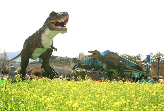 경남 고성의 당항포 공룡테마파크에서 볼 수 있는 유채꽃과 티라노사우루스 조형물. 관광공사 제공