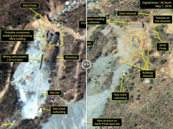 4월20일(왼쪽)과 5월7일(오른쪽) 촬영된 북한 풍계리 핵실험장의 위성사진. (출처=38노스) © 뉴스1