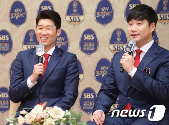 축구스타 박지성, 배성재 SBS 아나운서(오른쪽) 2018.5.16./뉴스1 © News1 권현진 기자