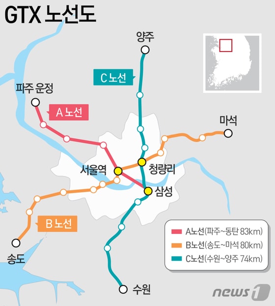수도권 광역급행철도(GTX) 3개 노선도 /© News1 DB