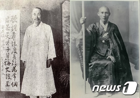 한국 전통무악의 거장 한성준(1874-1941, 왼쪽)과 현대 한국불교의 종장 만공선사(1871-1946)© News1