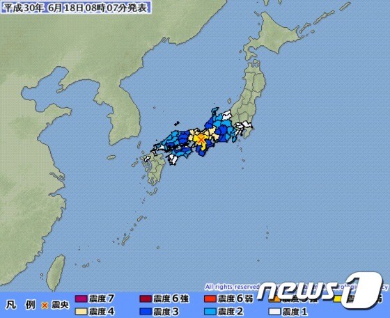 일본 오사카부에서 18일 오전 7시58분쯤 리히터규모 5.9의 지진이 발생했다. (일본 기상청 제공) © News1