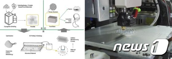 이진규 이화여대 식품공학전공 교수 연구팀의 연구 설명 도안(왼쪽), 3D 프린터로 식품블록을 출력하는 모습(이화여자대학교 제공)© News1