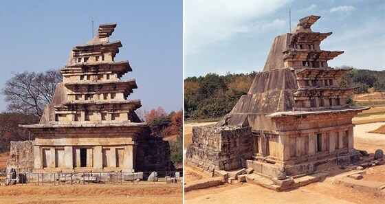 수리 전 익산미륵사지 석탑 동측면(왼쪽)과 남동측면.(문화재청 제공)