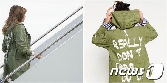 멜라니아 여사가 이민자 어린이 보호소를 찾기 위해 전용기를 탈 때 입은 재킷. 등판에 쓰여진 문구가 화제가 되고 있다. (출처=데일리메일 캡처) © News1