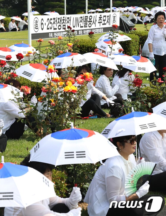 유엔기념공원 가득 메운 태극기 우산