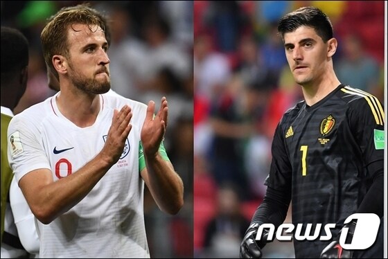 잉글랜드의 공격수 해리 케인(왼쪽)과 벨기에의 골키퍼 티보 쿠르투아가 14일 오후 11시(한국시간) 2018 국제축구연맹(FIFA) 러시아 월드컵 3·4위 결정전을 치른다. © AFP=News1