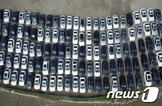 지난 13일 경기도 평택시 BMW차량물류센터 인근에 리콜대상인 BMW차량들이 세워져있다.  2018.8.13/뉴스1 © News1 박세연 기자