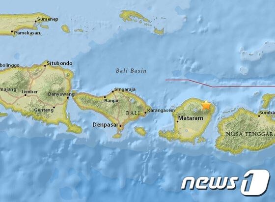 19일(현지시간) 인도네시아 롬복 지진 발생 지점. (출처=미국 지질조사국 갈무리) © News1