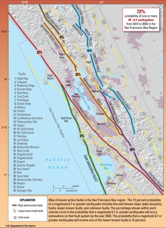미국 캘리포니아주 해안 지역 단층 <출처: 미 지질조사국(USGS)>