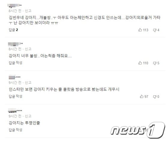 애견인들은 '아내의 맛'에 출연한 김빈우 가족들이 강아지를 홀대했다는 댓글을 달았다. 사진 포털사이트 갈무리 © 뉴스1
