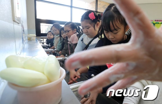 수원시 팔달구 매여울초등학교에서 학생들이 식사 전 손을 씻고 있다. 2019.12.2/뉴스1 © News1 조태형 기자