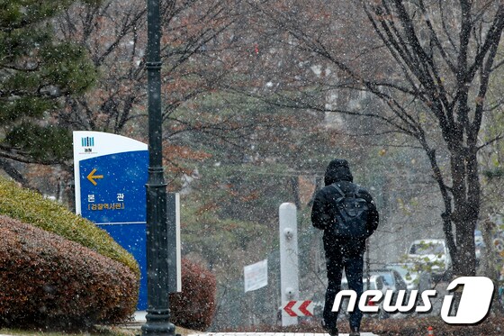 눈이 내리는 3일 서울 서초구 대검찰청에서 시민이 모자를 쓴채 지나가고 있다. 2019.12.3/뉴스1 © News1 안은나 기자