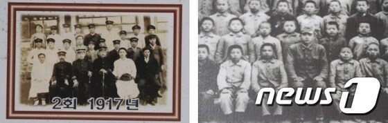 일본도를 들고 있는 일본인 교장(왼쪽 사진 중앙)과 군복을 입고 있는 일본인(오른쪽 사진 중앙)교사 사진. /© 뉴스1