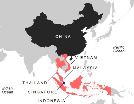 빨간색이 중국의 인터넷 정책을 따르고 있는 동남아국가들 - 블룸버그 갈무리