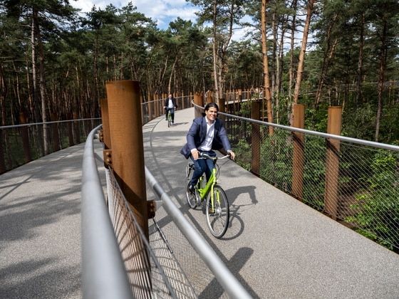 나무위를 달리는 자전거길을 체험하는 여행객들의 모습