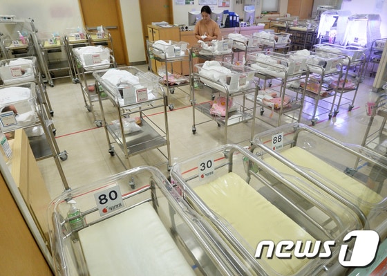 통계청이 지난 7월30일 발표한 '2019년 5월 인구동향'에 따르면 5월 출생아 수는 2만5300명으로 전년 동월(2만8000명) 대비 9.6%(2700명) 감소했다. 출생아 수는 지난 2015년 12월 마이너스(-)로 돌아서며 42개월째 감소세를 이어오고 있다. 월별 출생아 수가 역대 최소치 기록을 이어온 것도 38개월째다. 사진은 서울시내 한 병원 신생아실이 비어있는 모습. (뉴스1 DB) 2019.7.30/뉴스1