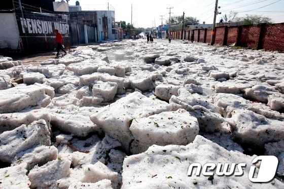 지난달 30일 멕시코 중부 할리스코주 과달라하라에 쏟아진 우박. © AFP=뉴스1