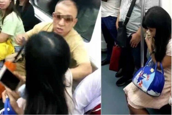 중국 지하철에서 노인이 여성을 위협해 자리를 빼앗자 여성이 울먹이고 있다. - 웨이보 갈무리