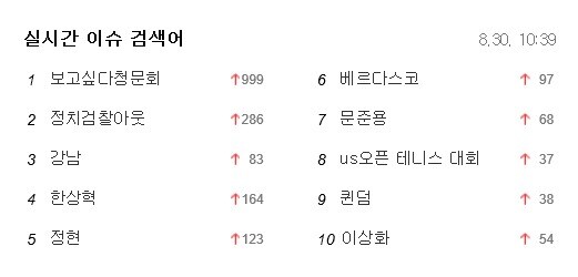 다음 실시간 검색어 순위, 30일 오전 10시 39분 기준, '보고싶다청문회'가 1위로 올랐다.© 뉴스1