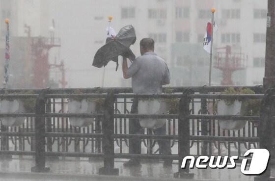 제8호 태풍 '프란시스코'가 북상중인 6일 오후 부산 영도다리 위로 한 시민이 강풍에 망가진 우산을 들고 빗속을 걷고 있다. 2019.8.6/뉴스1 © News1 여주연 기자