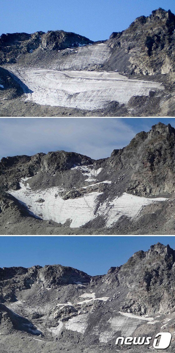 맨 위부터 2006년 여름, 2017년 8월, 2019년 9월 각각 촬영된 피졸 빙하의 모습. © AFP=뉴스1