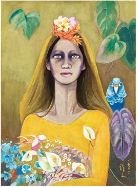 천경자, 꽃을 든 여인(A Woman with Flowers), pigment on paper, 48×35㎝, 1982, 7억~12억원 추정.(케이옥션 제공)© 뉴스1