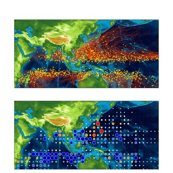 노란색 점은 태풍 발생지점, 붉은색 선은 경로를 의미한다. 아래 그림은 대기 중 이산화탄소 농도가 2배 증가했을 때 각 격자를 지나는 태풍의 밀도 변화를 나타는 것으로, 파란색은 감소, 붉은색은 증가를 나타낸다. 변화량이 클수록 원의 크기가 크다. (과학기술정보통신부 제공) 2020.12.16 /뉴스1