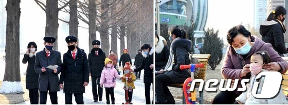 (평양 노동신문=뉴스1) = 북한 노동당 기관지 노동신문은 14일 '신형 코로나비루스(바이러스) 감염증을 철저히 막자'는 제목의 특집 기사를 싣고 관련 사진을 공개했다. 사진은 마스크를 쓰고 있는 북한 주민들. [국내에서만 사용가능. 재배포 금지. DB 금지. @news1.kr