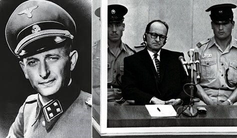 나치 장교 시절의 아돌프 아이히만(왼쪽), 1961년 예루살렘 법정에서 증언을 청취하는 아돌프 아이히만
