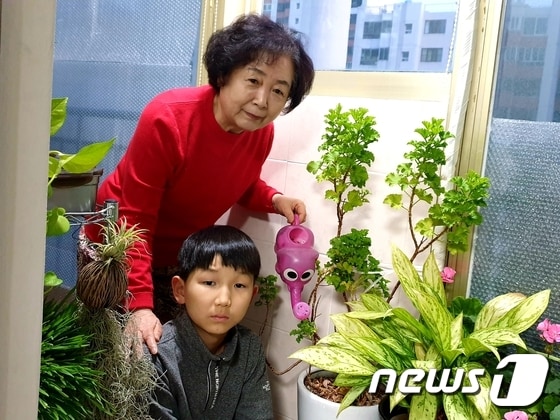 박영자 할머니(74)가 대구 중구 자택에서 손주와 함께 화분에 물을 주고 있다. (박영자씨 제공)© 뉴스1