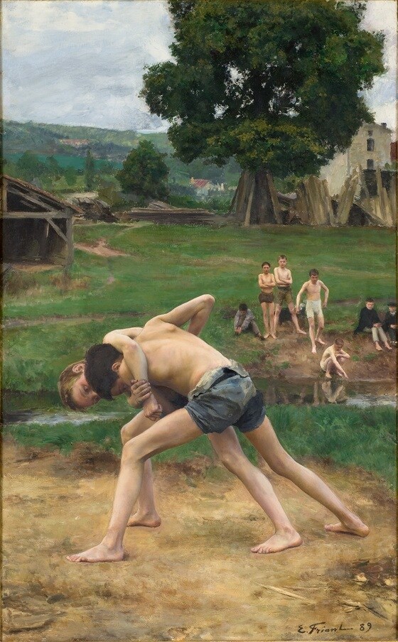 프랑스 화가 에밀 피앙(Emile Friant, 1863~1932), 레슬링(La Lutte), 유화,1889, 180.3x113.9㎝, 프랑스 몽펠리에 파브르 미술관.© 뉴스1