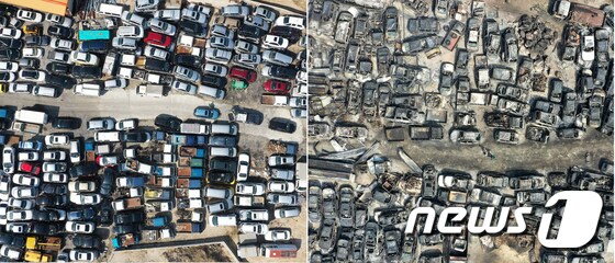 강원 동해안 산불 발생 1년을 하루 앞둔 3일 속초시의 한 폐차장의 모습. 오른쪽은 지난해 산불에 차량들이 전소된 모습이다. 2020.4.3/뉴스1 © News1 이찬우 기자