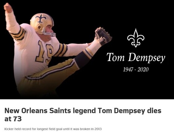 NFL 레전드 톰 뎀프시가 코로나19로 사망했다. (뉴올리언스 세인츠 구단 홈페이지 캡처)© 뉴스1