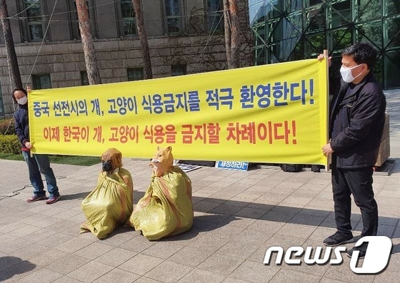 한국동물보호연합 회원들이 6일 서울시청 앞에서 개 가면을 쓰고 마대자루 안에 들어가 연좌 농성을 하는 퍼포먼스를 선보이고 있다. 사진 한국동물보호연합 제공 © 뉴스1