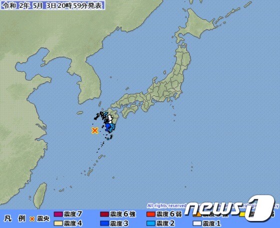 3일 일본 가고시마(鹿兒島)현 사쓰마 반도(薩摩半島) 서쪽 해역에서 리히터 규모 6.0의 지진이 발생했다. (일본 기상청) © 뉴스1