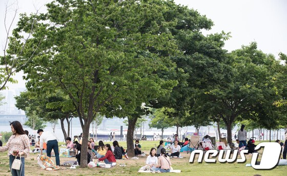 초여름 날씨를 보인 31일 서울 여의도 한강공원을 찾은 시민들이 나무그늘 아래서 더위를 식히고 있다. 2020.5.31/뉴스1 © News1 유승관 기자
