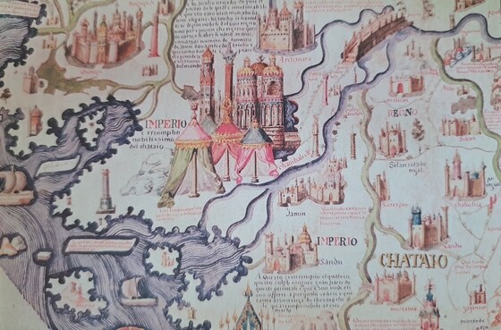 쿠빌라이 칸의 궁전이 있는 대도(현 베이징) 세밀화. 15세기의 이탈리아 수사가 동방견문록을 토대로 그린 삽화.
