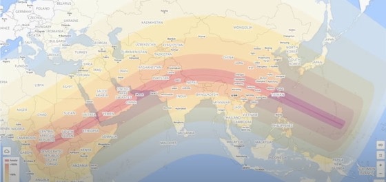 21일 일식 진행 지도 색이 짙을 수록 태양이 가려지는 면적이 크다 (국립과천과학관 생중계 화면 갈무리) 2020.06.21 / 뉴스1