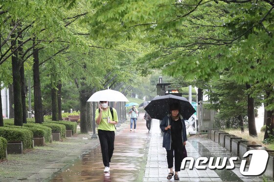 대전 서구 대전시청 인근에서 시민들이 우산을 쓰고 지나고 있다. 뉴스1 © News1 김기태 기자